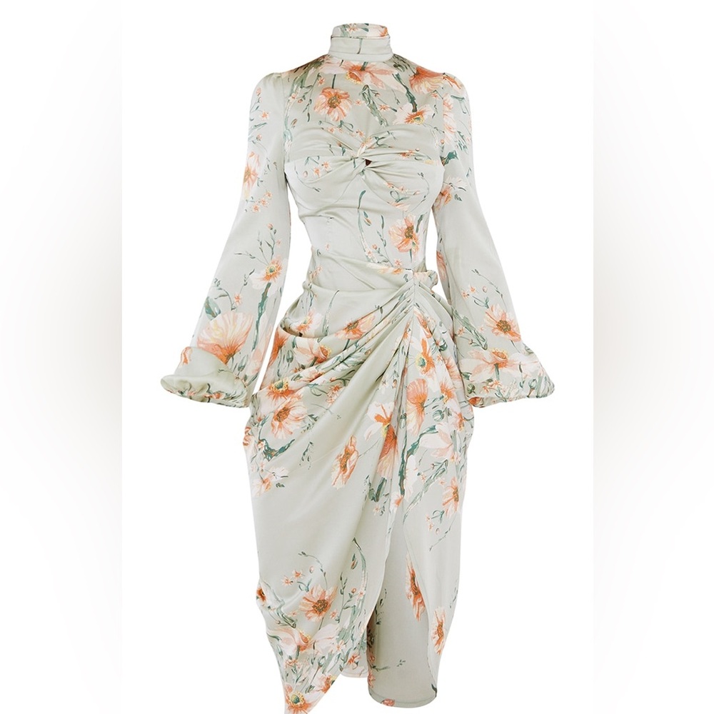PLT Sage Green Floral Draped Midi Dress